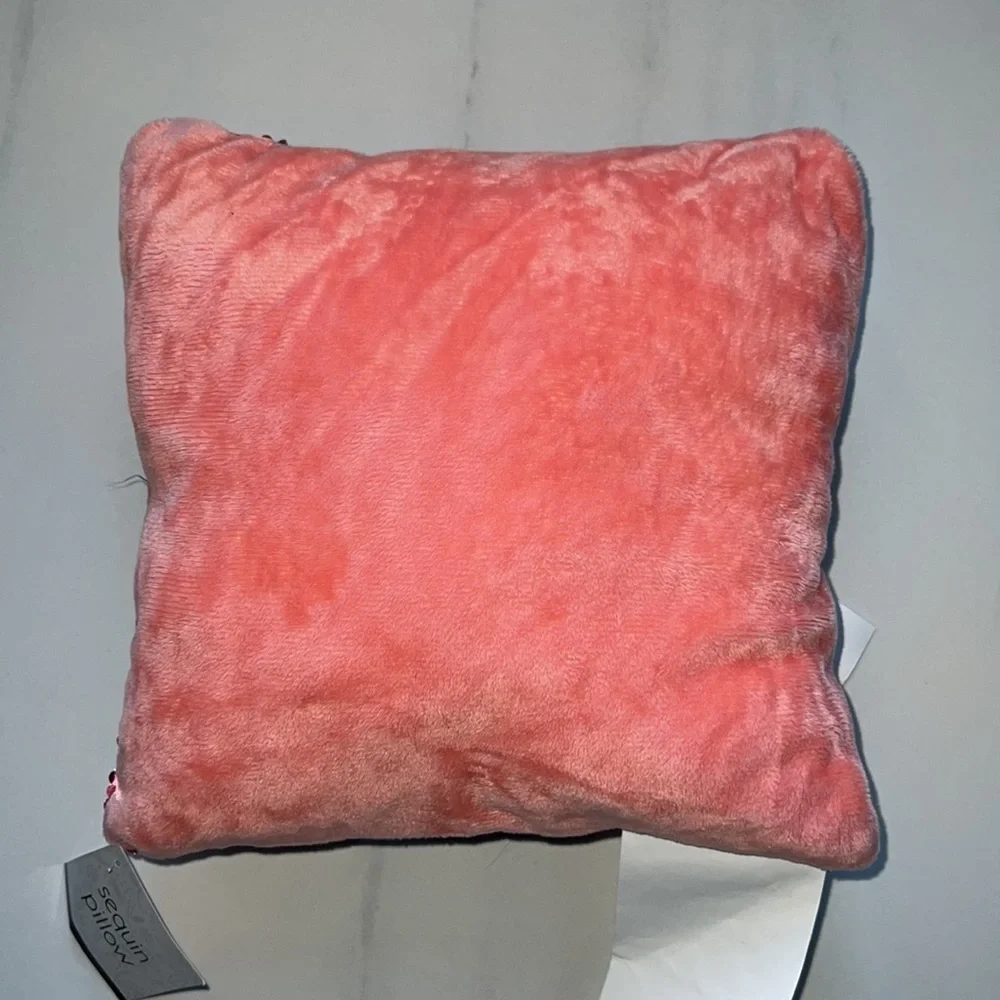 NWT 9 Inch Square Pink and Peach Double Sided Sequin Pillow with Velour Back - Picture 2 of 4
